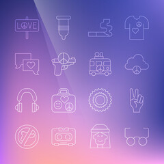 Set line Glasses, Peace symbol, cloud, Cigarette, No war, Speech bubble chat, and Hippie camper van icon. Vector