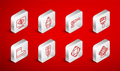 Set line Aqualung, Fishing harpoon, Action extreme camera, Lifebuoy, Flippers for swimming, Gauge scale and Boots icon. Vector