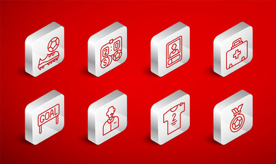 Set line Football or soccer medal, betting money, card, First aid kit, jersey and t-shirt, shoes, commentator and Goal football icon. Vector