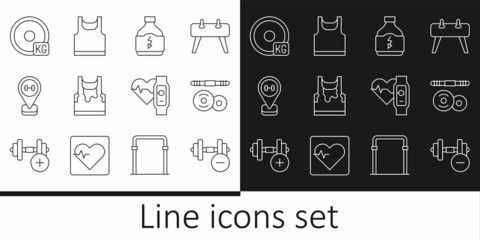 Set line Dumbbell, Barbell, Sports nutrition, Sweaty sleeveless t-shirt, Location gym, Weight plate, Smart watch with heart and Sleeveless icon. Vector