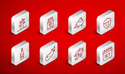 Set line October calendar autumn, Jar of honey, Hedgehog, Acorn, Candy, Bare tree, Eggplant and Bottle wine icon. Vector