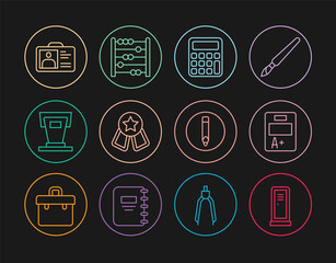 Set line Locker or changing room, Exam sheet with A plus grade, Calculator, Medal star, Stage stand, Identification badge, Pencil and Abacus icon. Vector