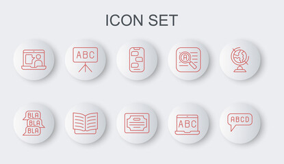 Set line Alphabet, Speech bubble chat, New messages notification, Foreign language online study, Chalkboard, Open book and Certificate template icon. Vector