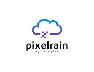 Modern digital cloud with pixel rain illustration logo design template