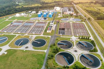 Urban river water treatment, water filtration and purification, top view of the treatment plant