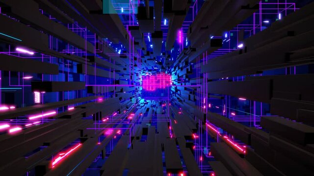 Deep tech or information technology concept. 3d looped background motion graphic. Blue dark sci fi bg flight through tech digital space, neon light. Hi-tech information flow in blockchain or bigdata.
