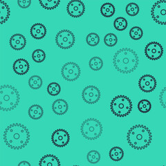 Fototapeta na wymiar Black line Gear icon isolated seamless pattern on green background. Cogwheel gear settings sign. Cog symbol. Vector
