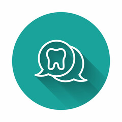 White line Tooth icon isolated with long shadow. Tooth symbol for dentistry clinic or dentist medical center and toothpaste package. Green circle button. Vector