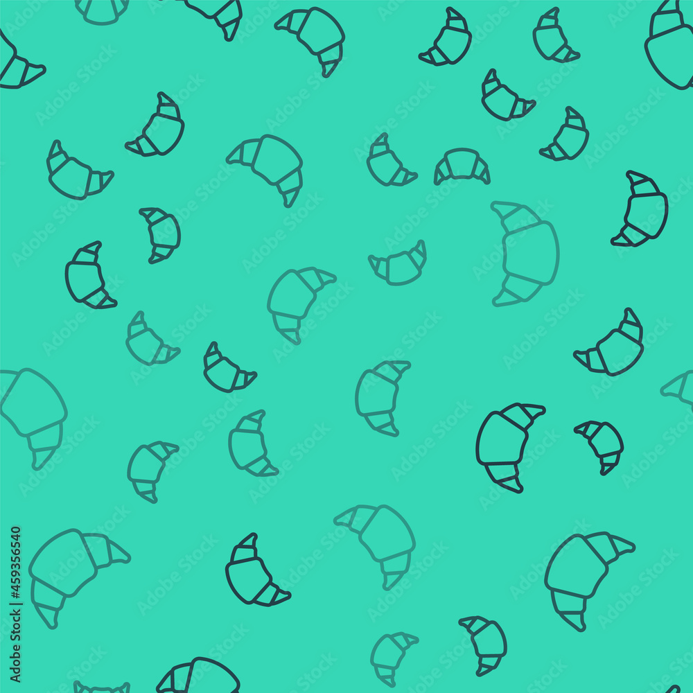 Sticker black line croissant icon isolated seamless pattern on green background. vector