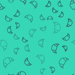 Black line Croissant icon isolated seamless pattern on green background. Vector