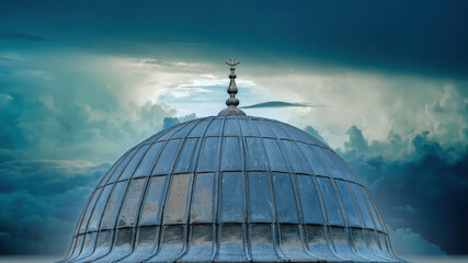 Fototapeta na wymiar Istanbul, Turkey - September 2021: Dome of Suleymaniye Mosque with dramatic sunset, Eminonu, Istanbul, Turkey 