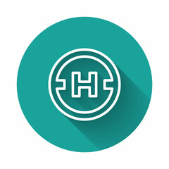 Fototapeta premium White line Helicopter landing pad icon isolated with long shadow background. Helipad, area, platform, H letter. Green circle button. Vector
