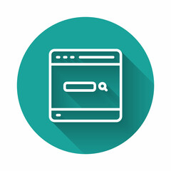 Obraz premium White line Search engine icon isolated with long shadow background. Green circle button. Vector