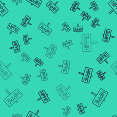 Fototapeta premium Black line Peace icon isolated seamless pattern on green background. Hippie symbol of peace. Vector