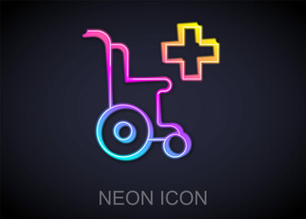 Glowing neon line Wheelchair for disabled person icon isolated on black background. Vector