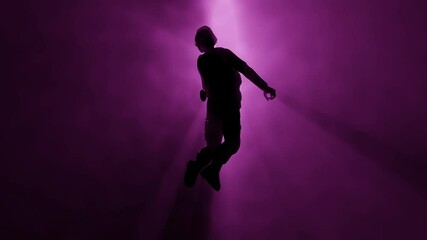 Person floating in fog , mist. Astral plane.  Soldier floats in ethereal realm. Silhouette of man in Volumetric light rays. 3d render animation