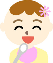 笑顔で離乳食(薬)を食べさせてもらう赤ちゃん