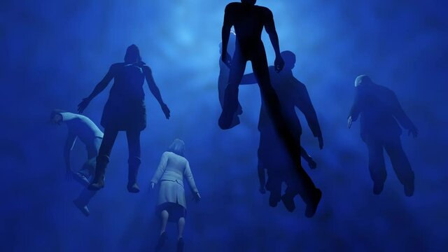 People floating in blue fog, water, mist. Astral plane. Silhouettes of many people. 3d render animation