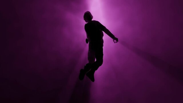 Person floating in fog , mist. Astral plane.  Soldier floats in ethereal realm. Silhouette of man in Volumetric light rays. 3d render animation