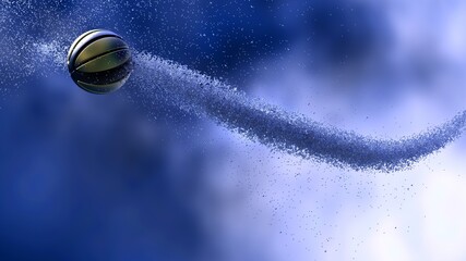 Black-Gold Basketball with Diamond Water Particles under Blue Sky Lighting Background. 3D illustration. 3D high quality rendering. 3D CG.