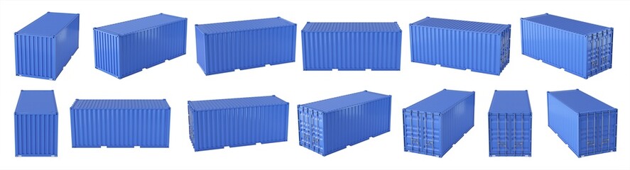 Isolated intermodal containers from various perspectives.  Blue version.