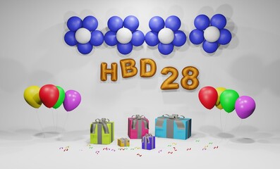 28rd birthday pink background with balloon decoration and gift box 3d rendering