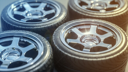 Group of car wheels. Chromium rims. 3D