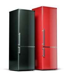 Home appliances. Red and black refrigerators. 3D