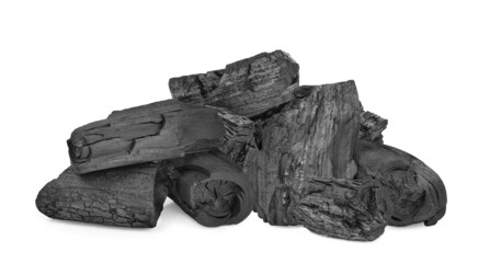 Pile of natural wood charcoal isolated on white background.