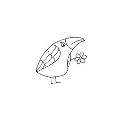 Crow bird with large beak and flower linear black and white drawing