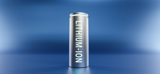 Lithium ion battery with fully charged power level on blue background, 3D rendering Li-Ion neon energy storage device power charging technology illustration