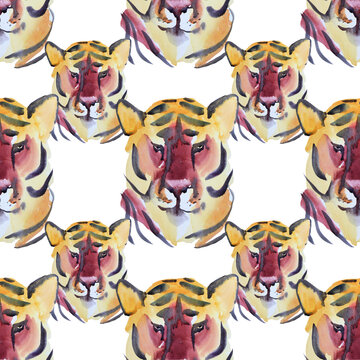 Seamless pattern Watercolor hand-drawn abstract portrait head tiger wild cat isolated on white. Chinese symbol new year. Orange animal with black stripes. Creative background for christmas
