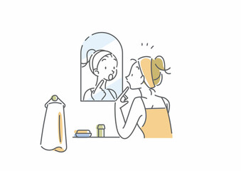 洗面台で鏡を見る若い女性　スキンケア　シンプルでお洒落な線画イラスト