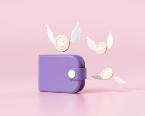 Purple wallet with coins with wings. The concept for business, web sites, online shop, finance, banks. Lost money, money-saving concept. 3d render illustration - obrazy, fototapety, plakaty