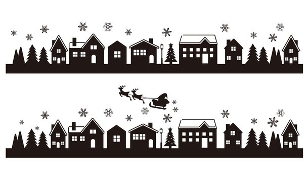 シンプルでかわいいシルエットの冬の街並みのベクターイラスト素材／ビル／家／クリスマス