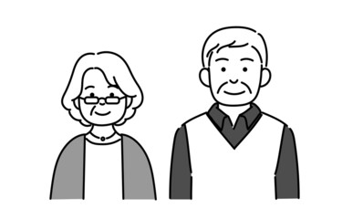 シニア夫婦の上半身モノクロイラスト