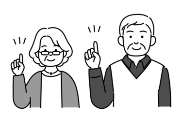 指をさすシニア夫婦の上半身モノクロイラスト