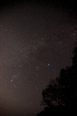 The night sky shot at a dock by a lake in a provincial park.