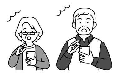 スマホを見て驚いているシニア夫婦の上半身モノクロイラスト