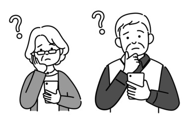 スマホを見て悩んでいるシニア夫婦の上半身モノクロイラスト