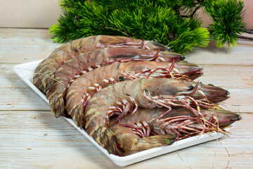 Fresh giant tiger prawns in a white tray. Tiger prawn widely reared for market. Selective focus points