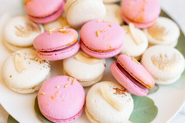 Pink and white macarons lie on a plate. Delicious cookies on a plate on a light background. Bakery