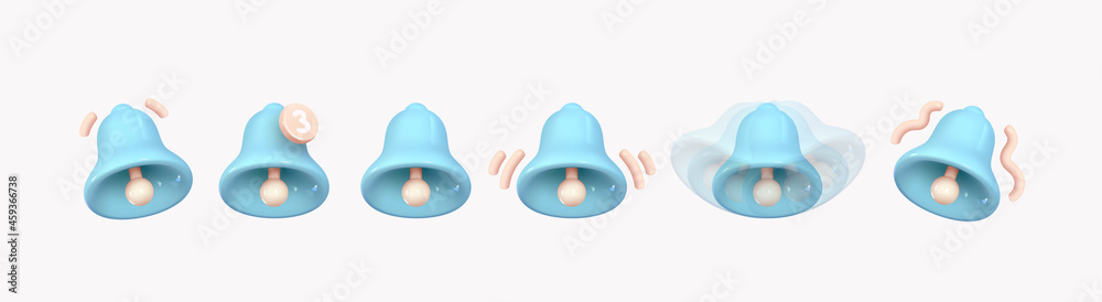 Wall mural bell notifications. set of bells icon with new message web chat blue colors. realistic 3d object. is