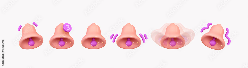 Wall mural bell notifications. set of bells icon with new message web chat pink colors. realistic 3d object. is