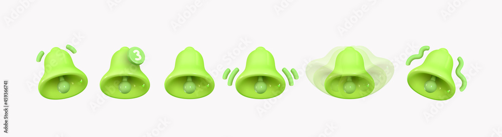 Wall mural bell notifications. set of bells icon with new message web chat green colors. realistic 3d object. i
