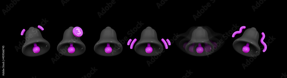 Wall mural bell notifications. set of bells icon with new message web chat black colors. realistic 3d object. i
