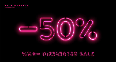 Neon numbers. Bright set of symbols with glowing backlight. 1, 2, 3, 4, 5, 6, 7, 8, 9, 0 percent sign. Discount sale. linear Light garland lilac and pink color. Vector illustration