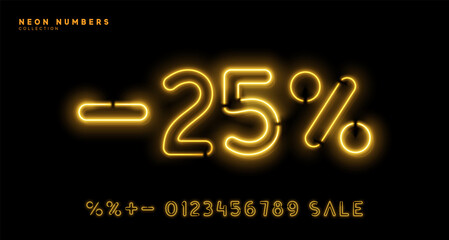 Neon numbers. Bright set of symbols with glowing backlight. 1, 2, 3, 4, 5, 6, 7, 8, 9, 0 percent sign. Discount sale. linear Light garland yellow and gold color. Vector illustration