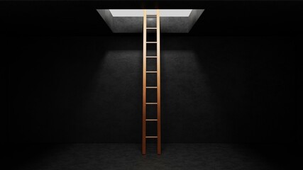 Wooden ladder in dark grey concrete room leading out to light. Freedom concept. 3D Render Illustration.