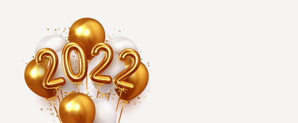 Fototapeta Happy New Year 2022. Realistic gold and white balloons. Background design metallic numbers date 2022 and helium ballon on ribbon, glitter bright confetti obraz